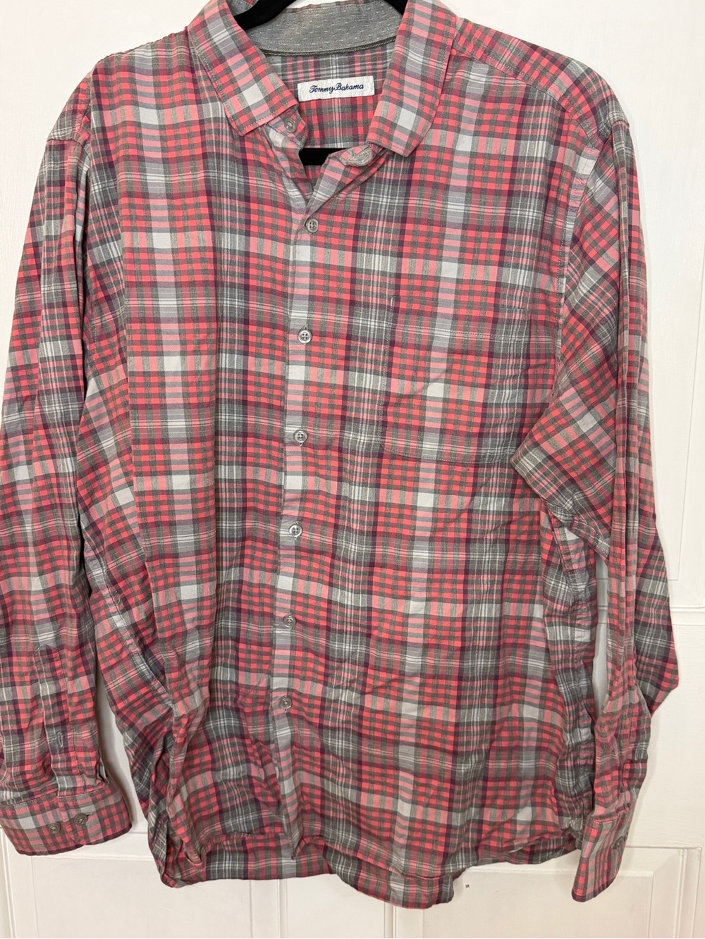 Tommy Bahama Coral and Gray Plaid Long-Sleeve Button-Up Shirt